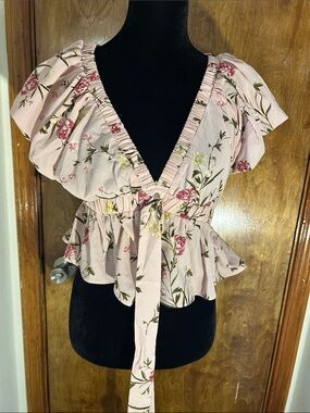 Ruffled Tie-Front Floral Peplum Blouse - Pink